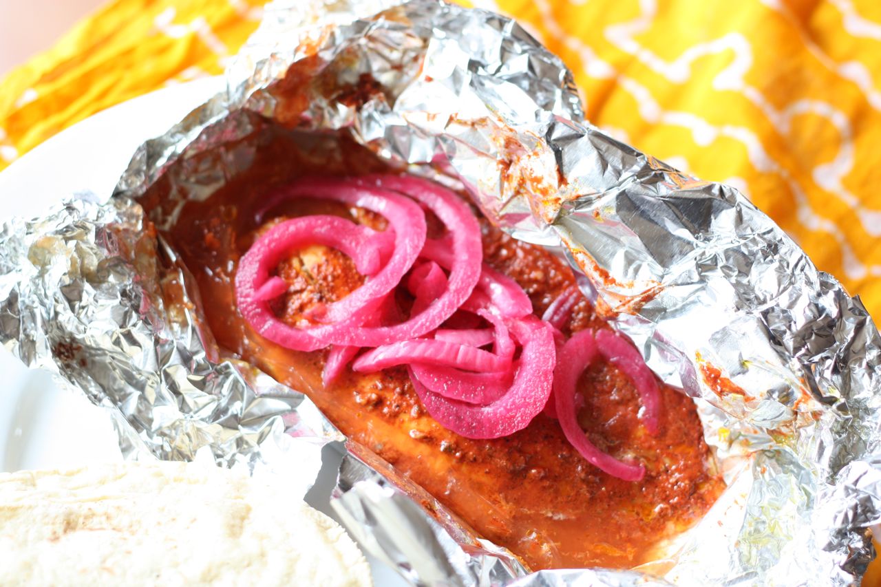 Tilapia pibil, cooked in aluminum foil instead of banana leaves