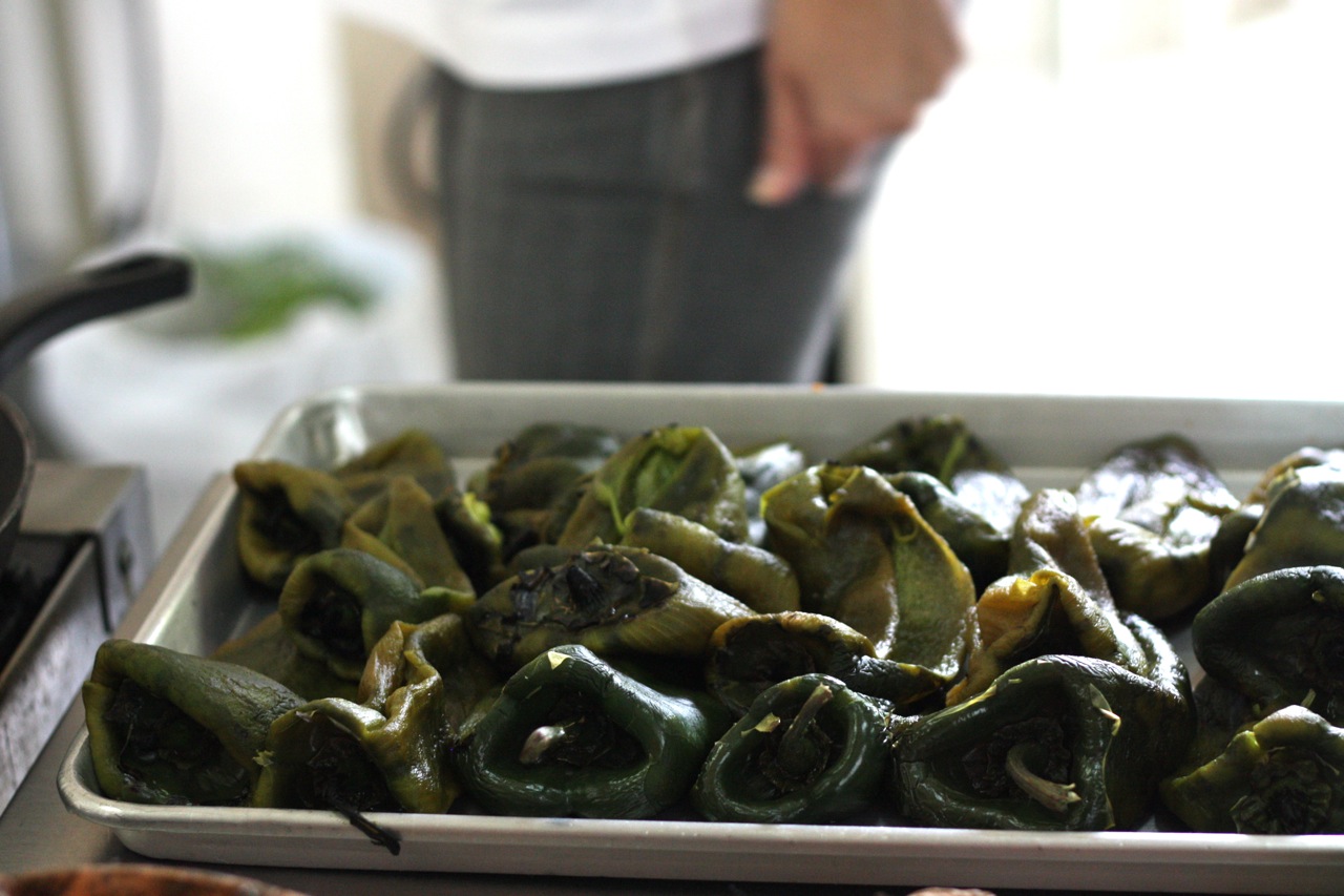 Roasted poblano chiles, waiting to be filled with picadillo