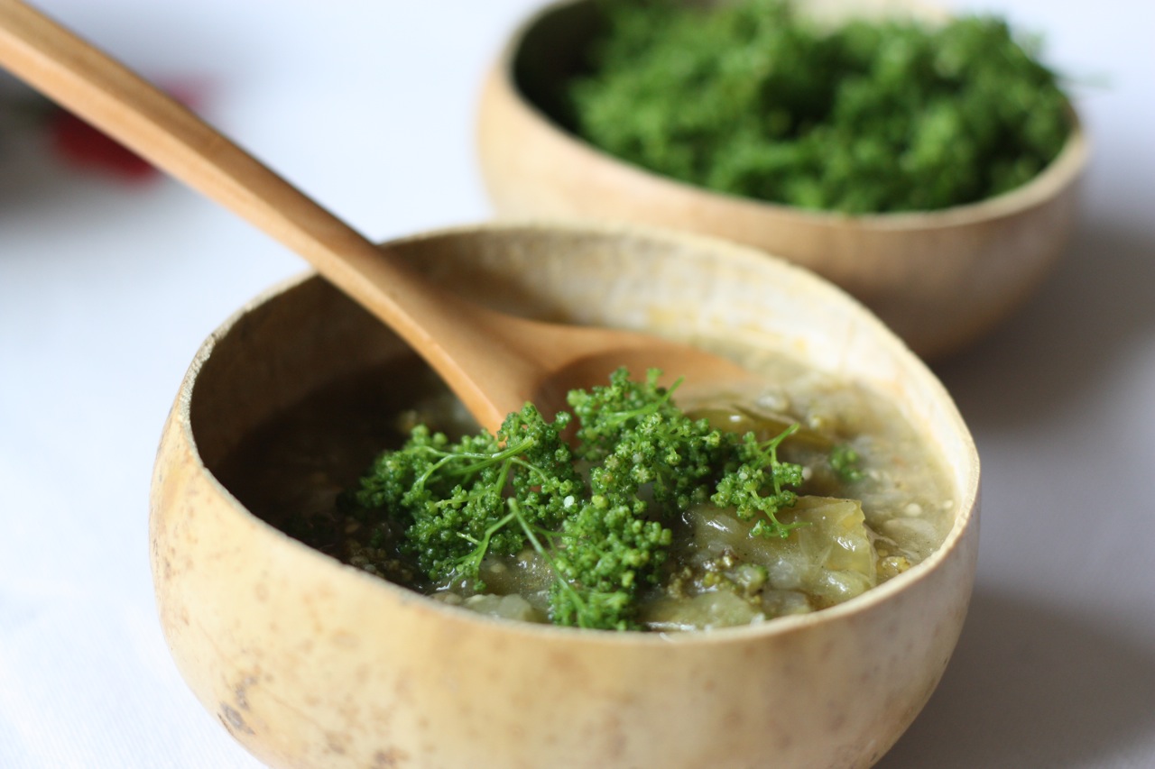 Huauzontle salsa, with tomatillos, roasted onion and garlic