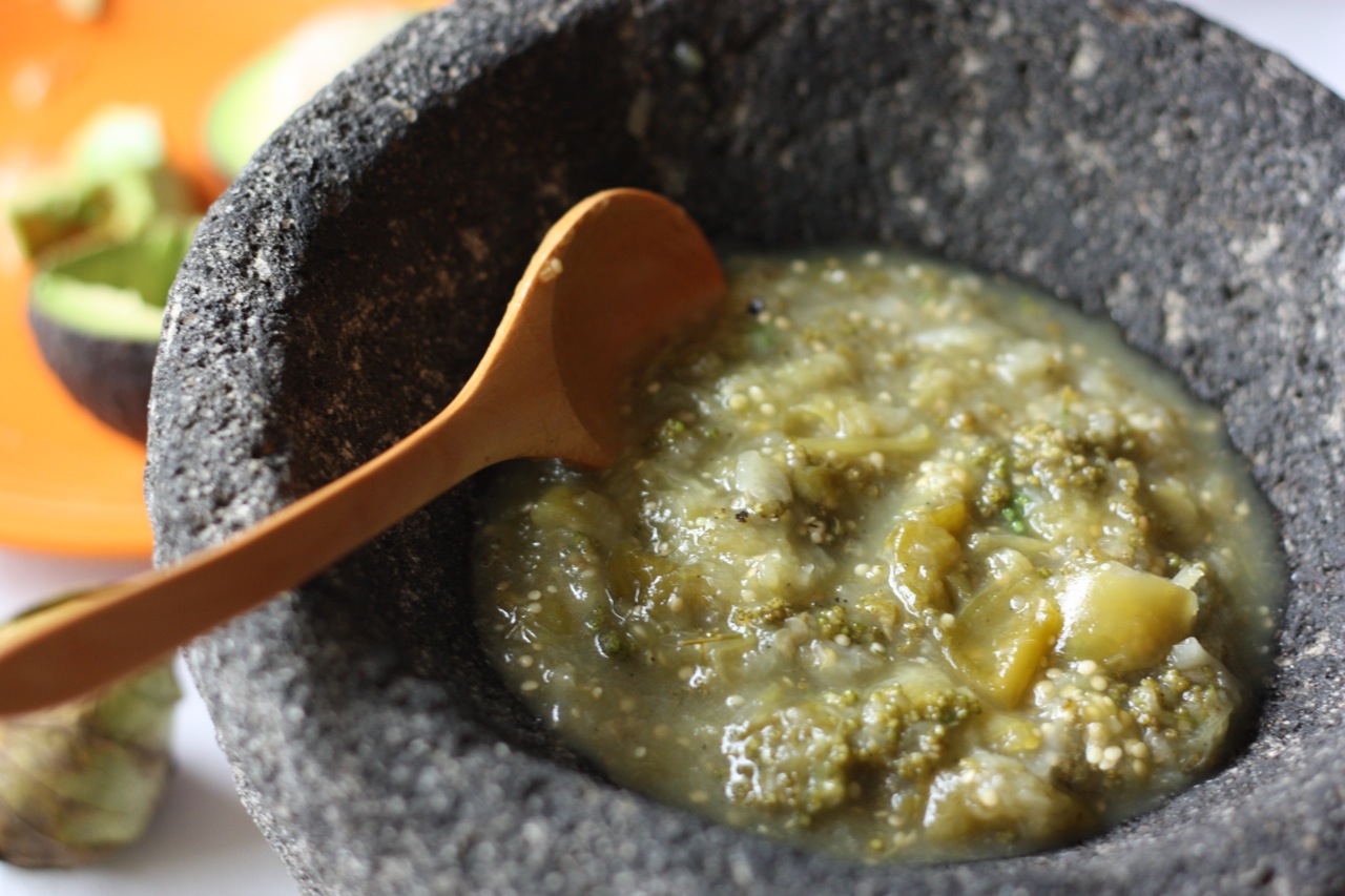 Salsa de tomate verde, or tomatillo salsa, with huazontles