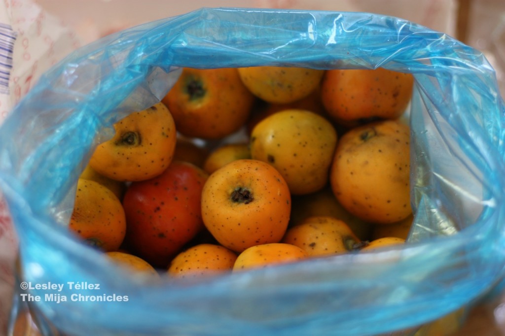 A bag of tejocotes, known in English as a Mexican hawthorn apple width=