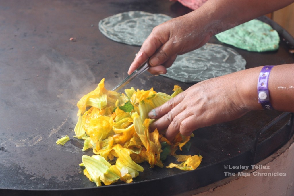 Fresh squash-flowers, being prepared in a quesadilla, at San Pedro Atocpan's mole festival