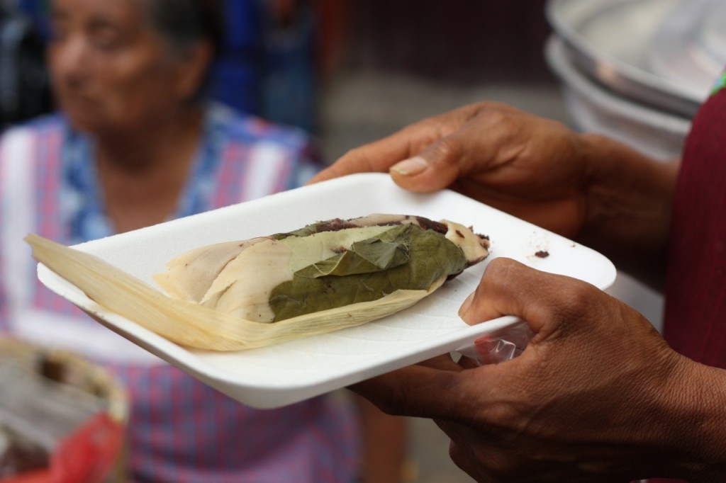 A bean tamal with hoja santa in Etla, Oaxaca